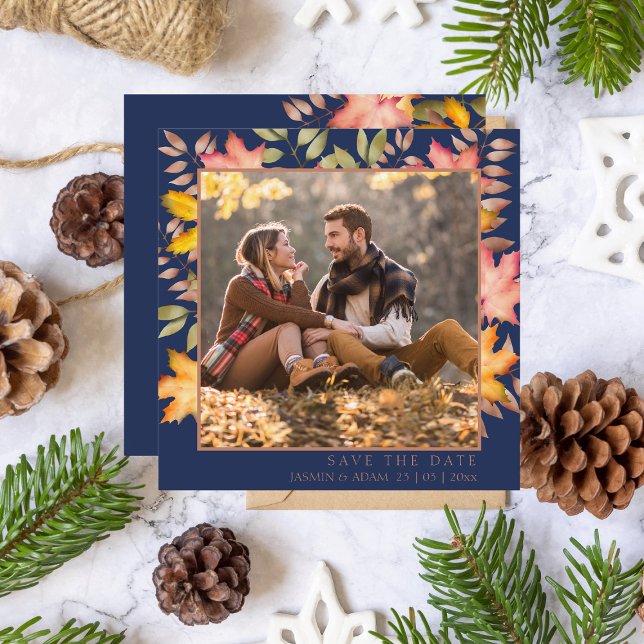 Rustikale Navy Blue Herbst Herbstwoche verlässt Fo Save The Date (Von Creator hochgeladen)