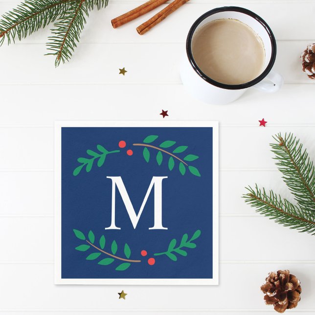 Rustikale Navy Blue Holiday Laurel Wreath Monogram Serviette (Von Creator hochgeladen)