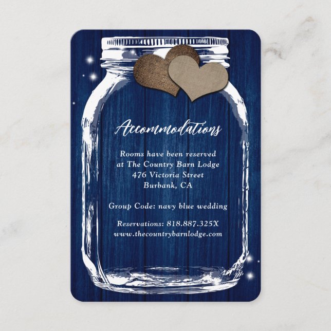Rustikale Navy Blue Mason Jar Wood Unterkunft Card Begleitkarte (Vorderseite)