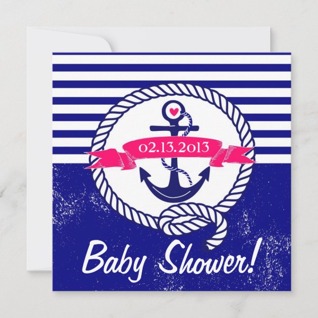 Rustikale Navy Blue Nautical Baby Dusche Einladung (Vorderseite)
