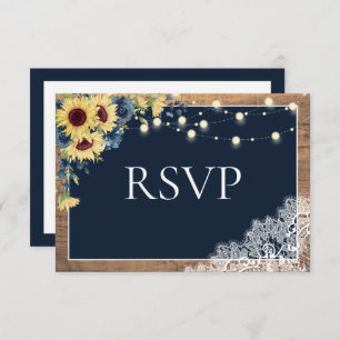Rustikale Navy Blue Sonnenblumenblume Spitzen-Holz RSVP Karte