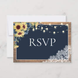 Rustikale Navy Blue Sonnenblumenblume Spitzen-Holz RSVP Karte