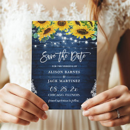 Rustikale Navy Blue Sonnenblumensaitenlichter Hoch Save The Date