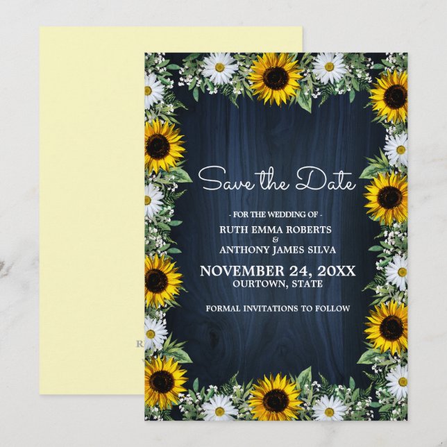Rustikale Navy Blue Sunflower|Daisy Save the Date Einladung (Vorne/Hinten)