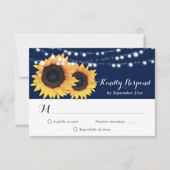 Rustikale Navy Blue Sunflower RSVP-Karte RSVP Karte (Vorderseite)