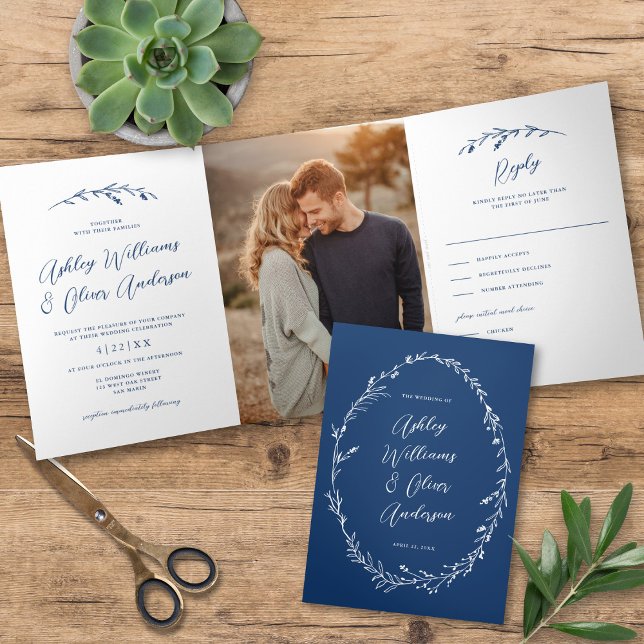 Rustikale Navy Blue Wildblume Boho Foto Wedding Dreifach Gefaltete Einladung (Von Creator hochgeladen)
