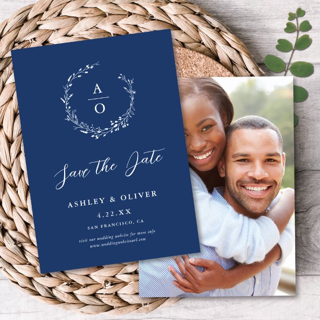 Rustikale Navy Blue Wildblume + Foto Save the Date Einladung (Von Creator hochgeladen)