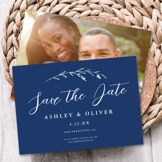 Rustikale Navy Blue Wildblume + Foto Save the Date Einladung (Von Creator hochgeladen)
