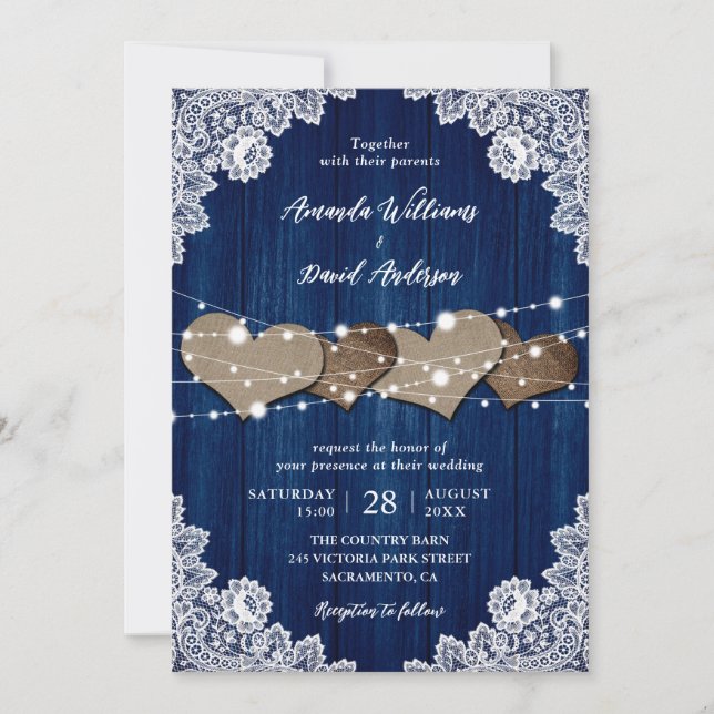 Rustikale Navy Blue Wood Burlap Lace Hochzeit Einladung (Vorderseite)