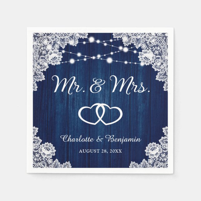 Rustikale Navy Blue Wood Lace String Lights Hochze Serviette (Vorderseite)