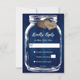 Rustikale Navy Blue Wood Mason Jar Hearts Wedding RSVP Karte