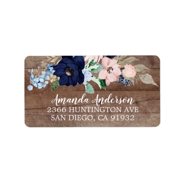 Rustikale Navy & Blush Blume Brautparty Labels Adressaufkleber (Vorne)