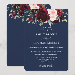 Rustikale Navy Blush Burgund Blumenhochzeit Einladung