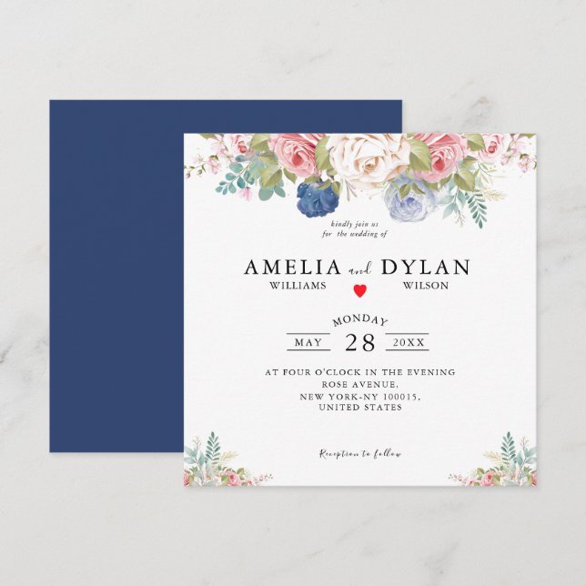 Rustikale Navy Blush Pink Floral Moderne Hochzeits Einladung (Vorne/Hinten)