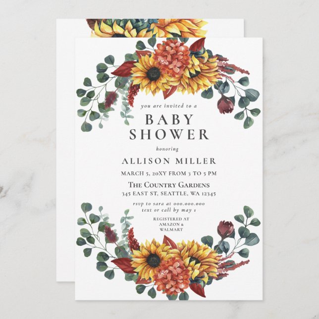 Rustikale Navy Burgundy Sunflowers Kinderdusche Einladung (Vorne/Hinten)