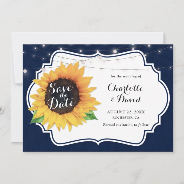 Rustikale Navy Burlap Sonnenblumen speichern die D Save The Date (Vorderseite)