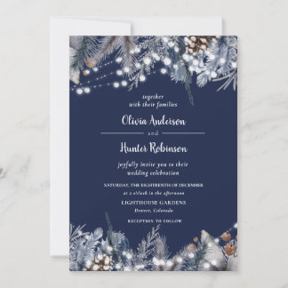 Rustikale Navy-SaitenLICHT Winterhochzeit Einladun Einladung