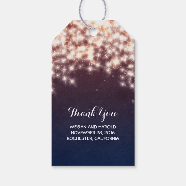 Rustikale Navy String Lights Weding Geschenkanhänger (Vorderseite)