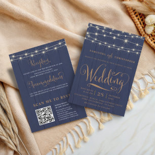 Rustikale Navy-Strings-Lichter in einer Hochzeit Einladung