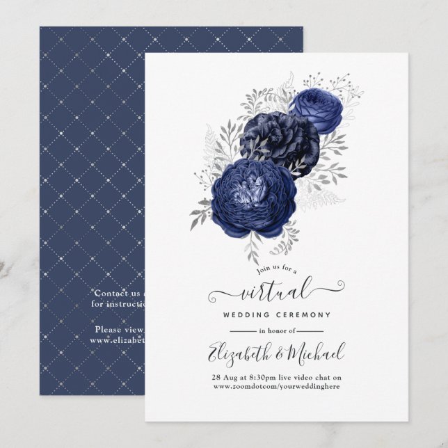Rustikale Navy und Silver Floral Virtual Wedding Einladung (Vorne/Hinten)