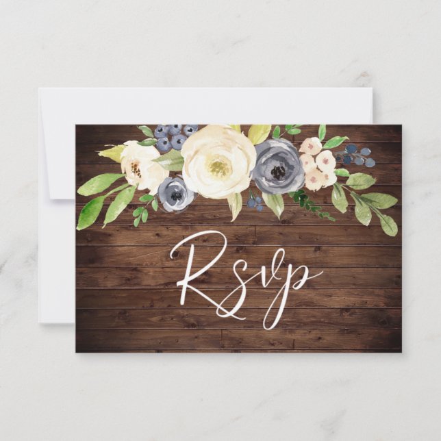 Rustikale Navy & White Watercolor Blume Hochzeit RSVP Karte (Vorderseite)