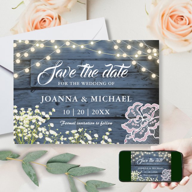 Rustikale Navyblaue Holz-Lichterkette & Spitze Save The Date (Von Creator hochgeladen)
