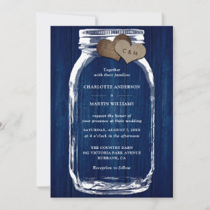 Rustikale Navyblaue Holz-Mason-Glas-Hochzeit Einladung