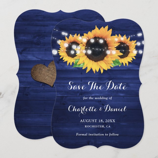 Rustikale Navyblaue Holz-Sonnenblumen-Hochzeit Save The Date (Vorne/Hinten)