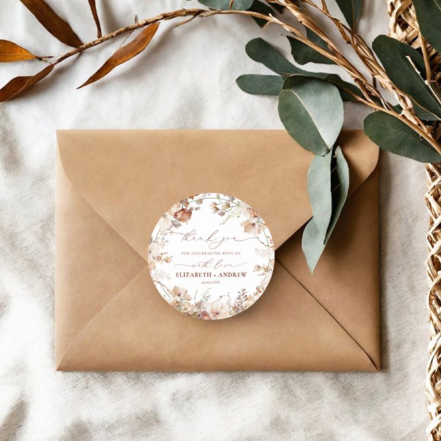 Rustikale neutrale Boho-Blumenhochzeit Runder Aufkleber (Von Creator hochgeladen)