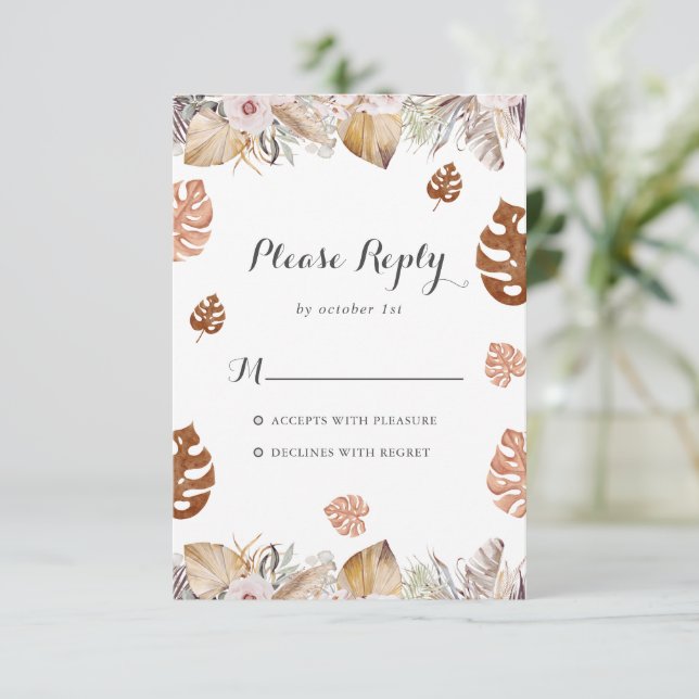 Rustikale neutrale Boho-Hochzeit RSVP Karte (Stehend Vorderseite)