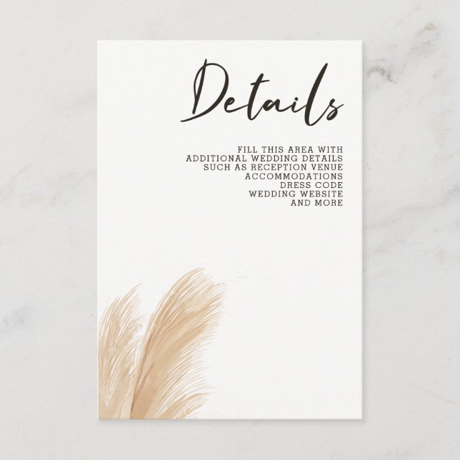 Rustikale neutrale Groß-Hochzeit von Boho Pampas Begleitkarte (Vorderseite)