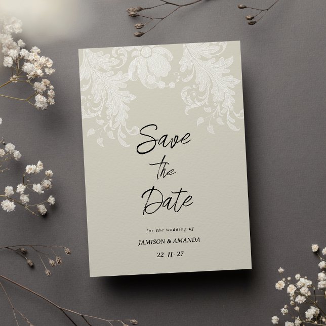 Rustikale, neutrale, weiße Blumenspitze Save the D Einladung (Rustic neutral white floral lace Save The Date)