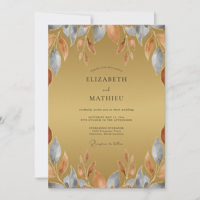 Rustikale Ocker-Schiefer-Blatt-Hochzeit Einladung (Vorderseite)
