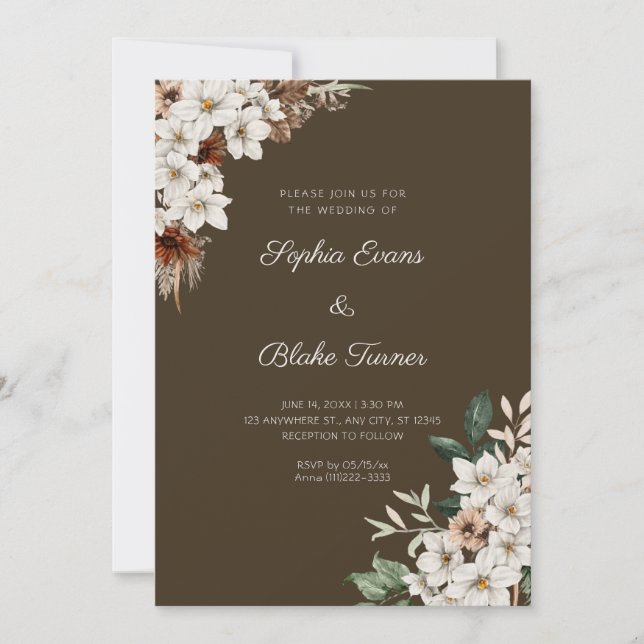 Rustikale Offene Blume Boho Wood Brown Wedding Einladung (Vorderseite)