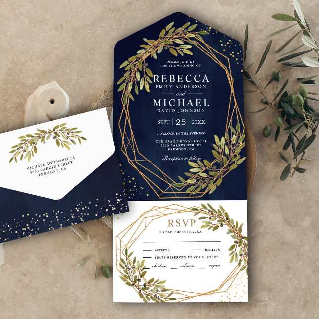 Rustikale Olive Branch Gold Rahmen Navy Blue Weddi All In One Einladung (Von Creator hochgeladen)