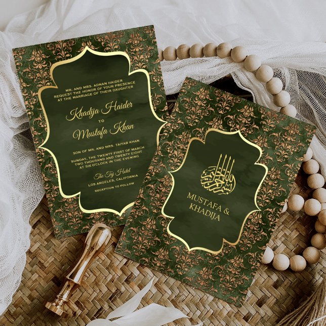 Rustikale Olive Green Gold Damask muslimische Hoch Einladung (Von Creator hochgeladen)