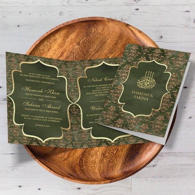 Rustikale Olive Green Gold Damask muslimische Hoch Einladung (Von Creator hochgeladen)
