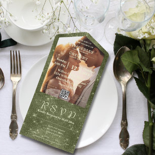 Rustikale Olive Green Imitats Burlap Foto QR Code All In One Einladung