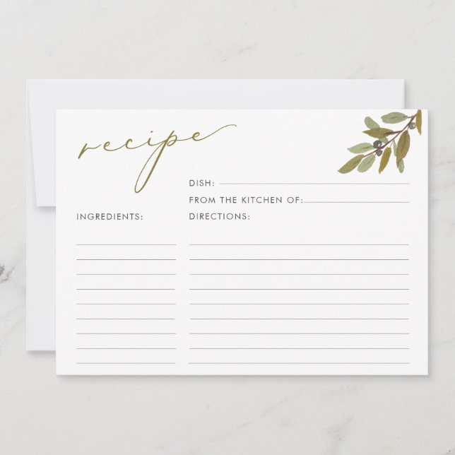 Rustikale Olive Script-Brautparty-Rezept-Karte Einladung (Vorderseite)