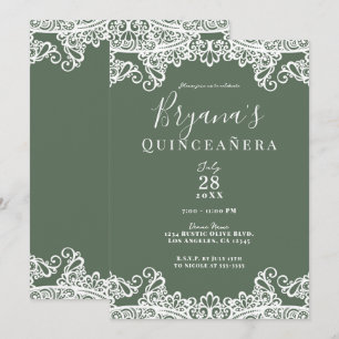 Rustikale Olive & Weiße Spitze Elegante Quinceañer Einladung