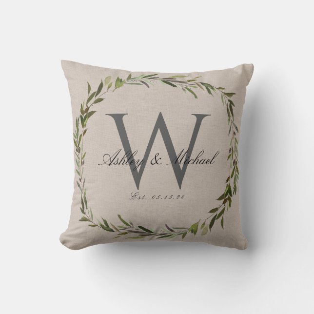 Rustikale Olive Wreath Monogram Kissen (Vorderseite)