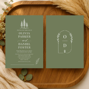Rustikale Oliven-Grün-Linienkunst-Hochzeit Einladung
