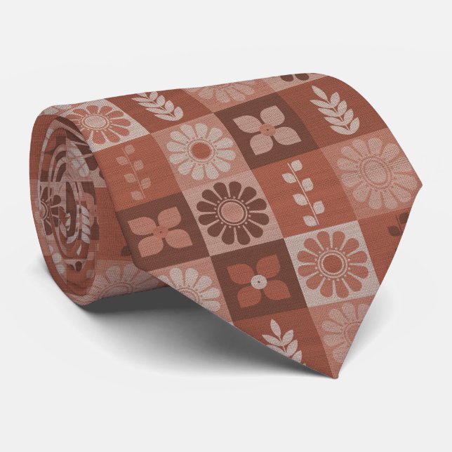 Rustikale Orange Brown Geometric Muster Neck Tie Krawatte (Gerollt)