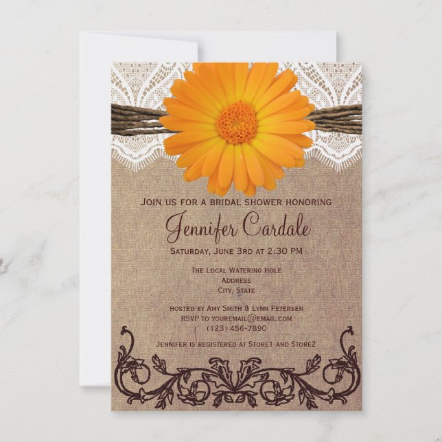 Rustikale Orange Daisy Bridal Dusche Einladungen (Vorderseite)