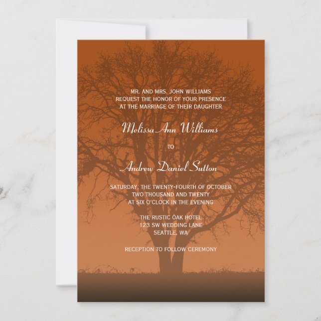 Rustikale Orange Eichenhochzeit Einladung (Vorderseite)