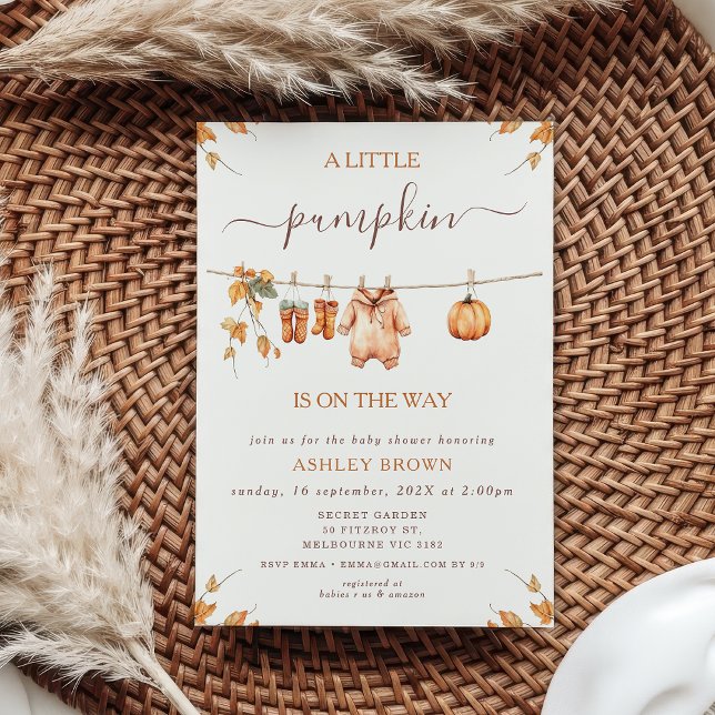 Rustikale Orange Fall Foliage Clotheline Baby Show Einladung (Fall Little Pumpkin Baby Shower Invitation Template, Clothesline Baby Shower Invitation Fall Autumn)