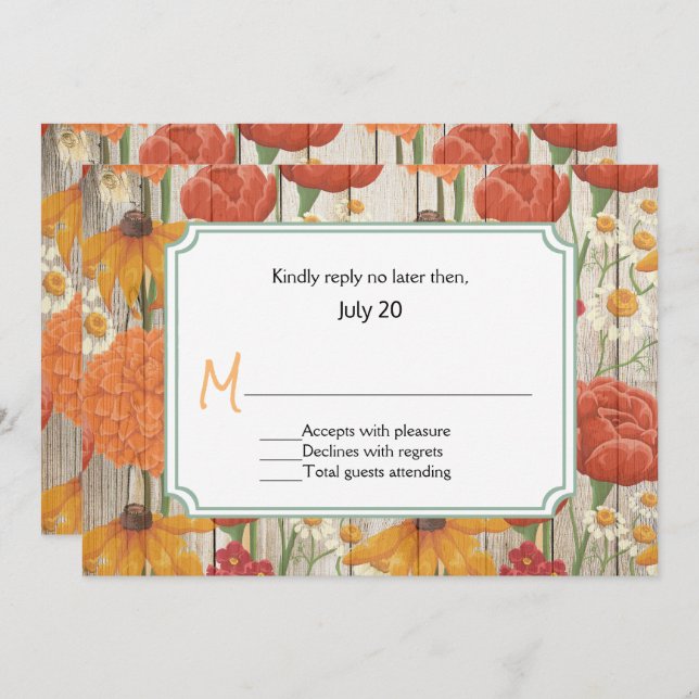 Rustikale Orange Floral Wedding RSVP Card Einladung (Vorne/Hinten)