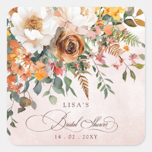 Rustikale Orange Florale Herbst-Brautparty Quadratischer Aufkleber