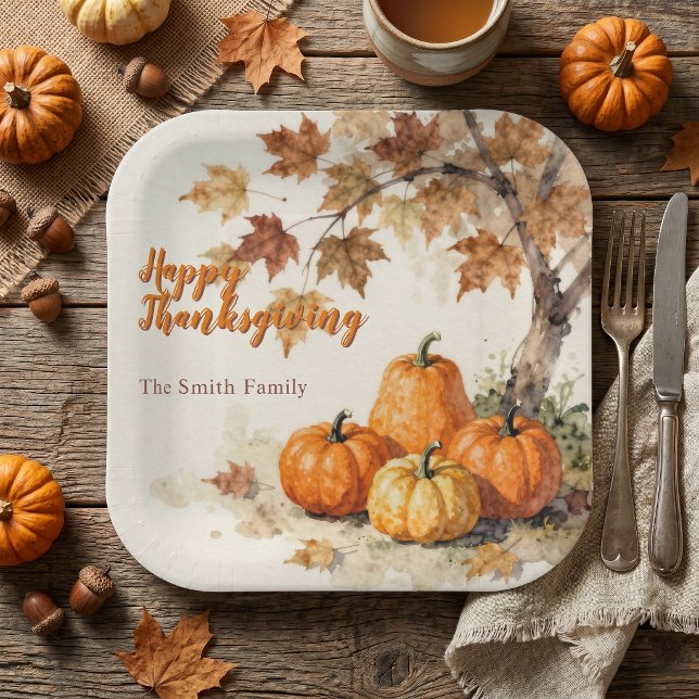 Rustikale orange Kürbisse, Herbstblätter, Erntedan Pappteller (Von Creator hochgeladen)