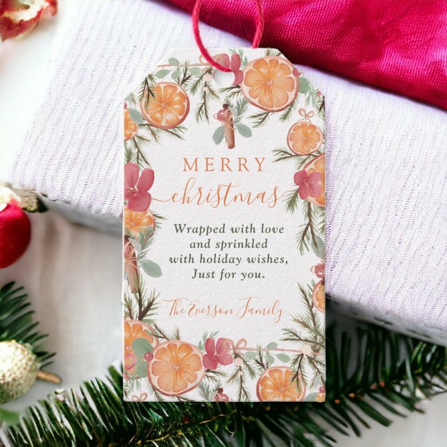 Rustikale Orange Pine Floral Weihnachten Geschenkanhänger (Rustic Orange Pine Floral Watercolor Christmas Gift Tags)